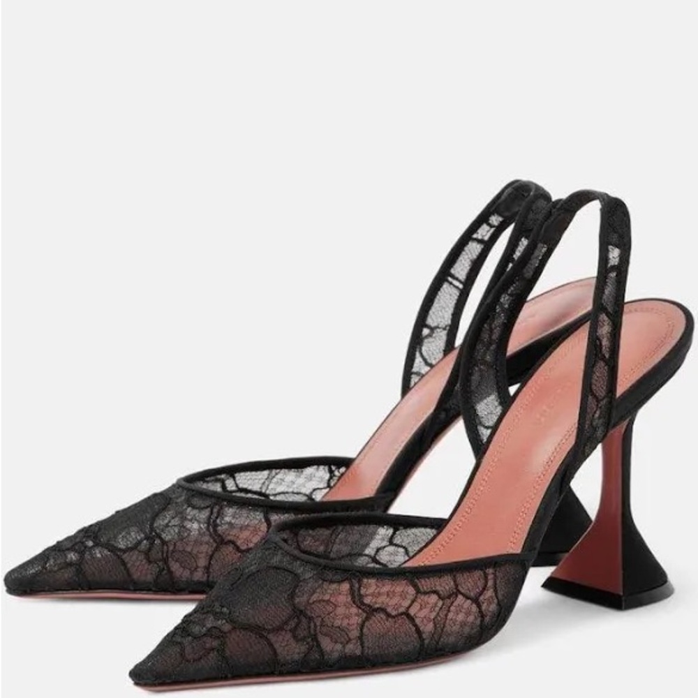 Amina Muaddi Black Lace Slingback Heels